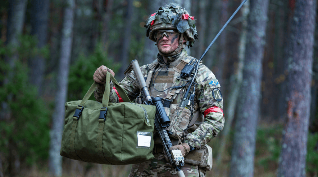 Militærperson som viser en taske frem produceret af Protra Group